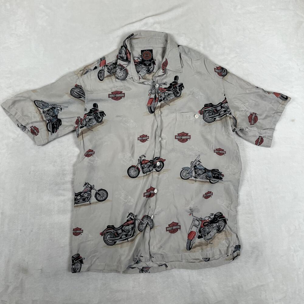 Harley Davidson Shirt Mens M Beige Silk Motorcycle Short Sleeve Button Front